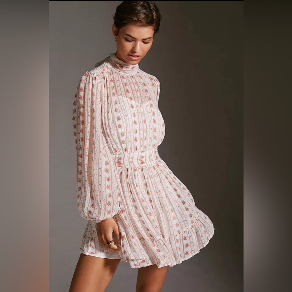 Anthropologie Let Me Be Mock Neck Sheer Mini Dress in Pink Combo, Size LG; NWT - Picture 5 of 16